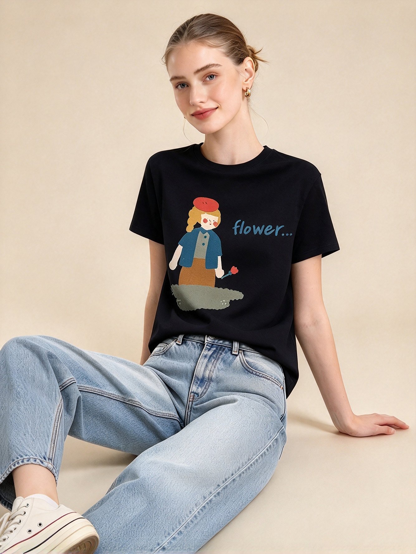 Black Graphic Round Neck Regular T-Shirt