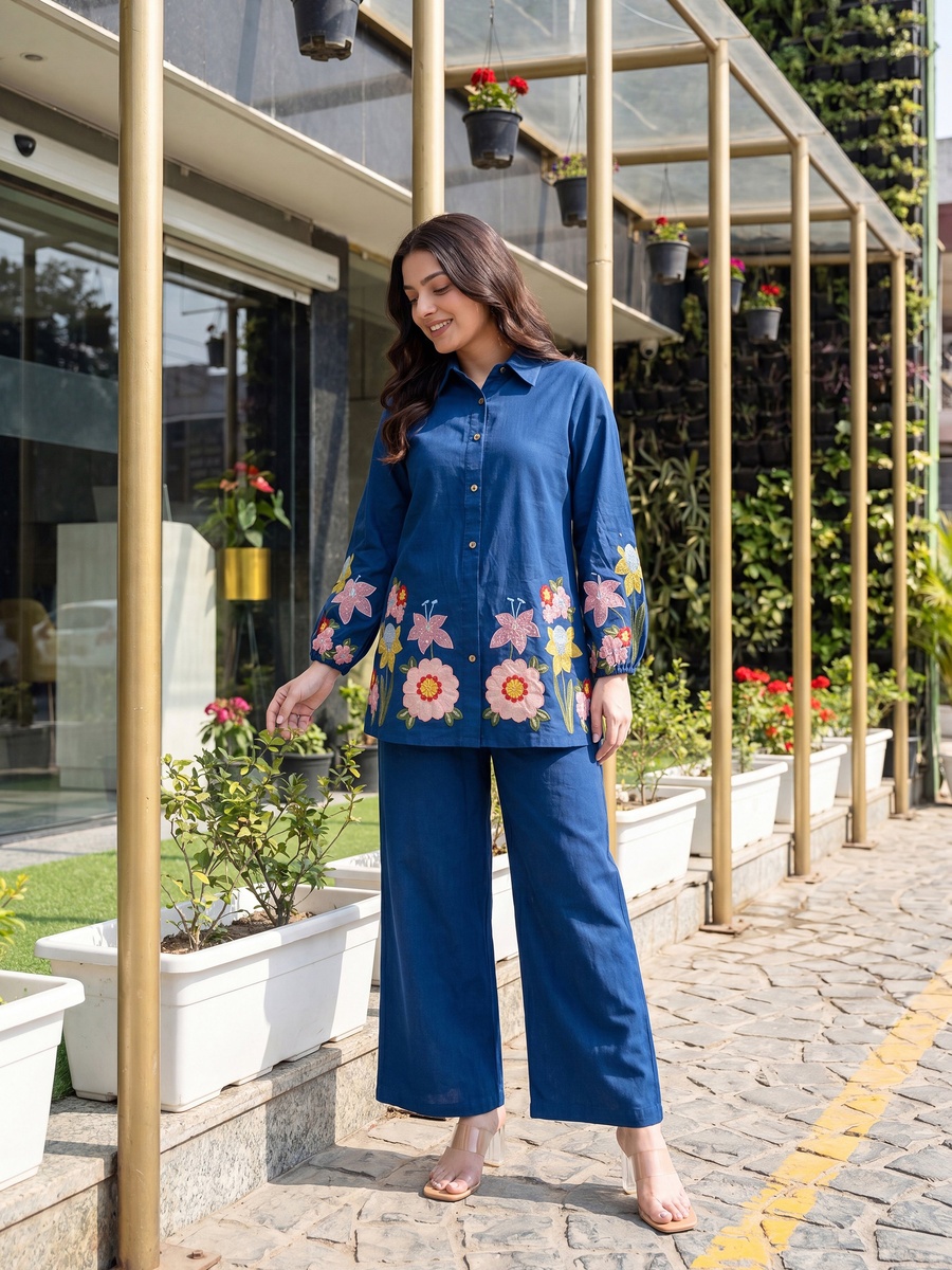 Royal Blue Cotton Co-Ord Set with Multicolor Floral Embroidery