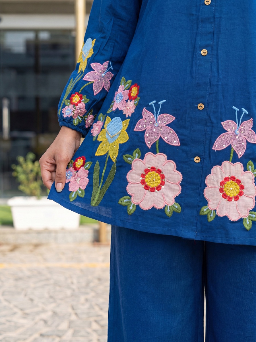 Royal Blue Cotton Co-Ord Set with Multicolor Floral Embroidery