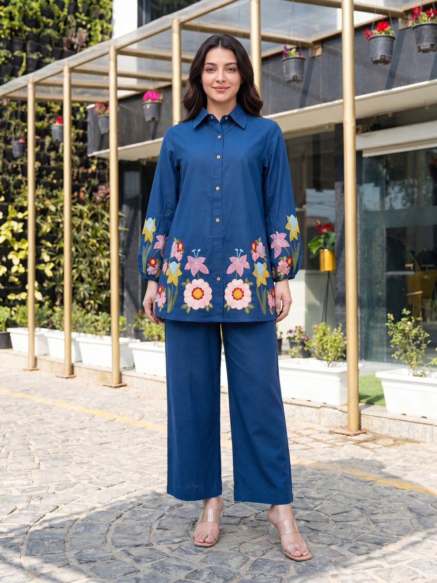 Royal Blue Cotton Co-Ord Set with Multicolor Floral Embroidery