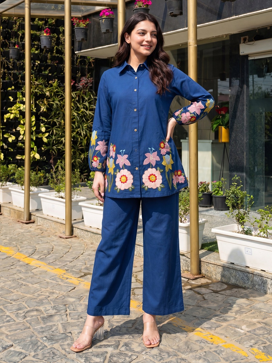 Royal Blue Cotton Co-Ord Set with Multicolor Floral Embroidery