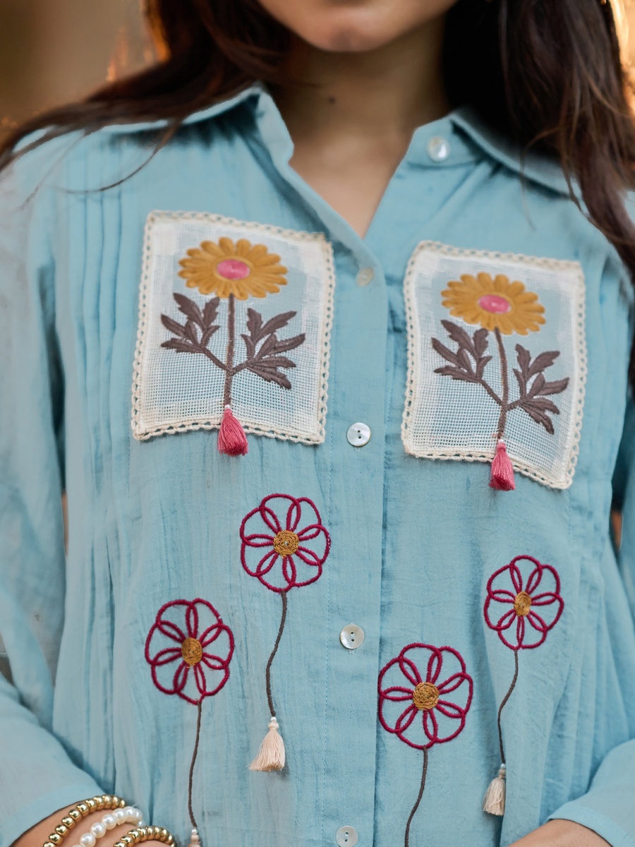 Powder Blue Cotton Crush Floral Embroidered Co-Ord Set