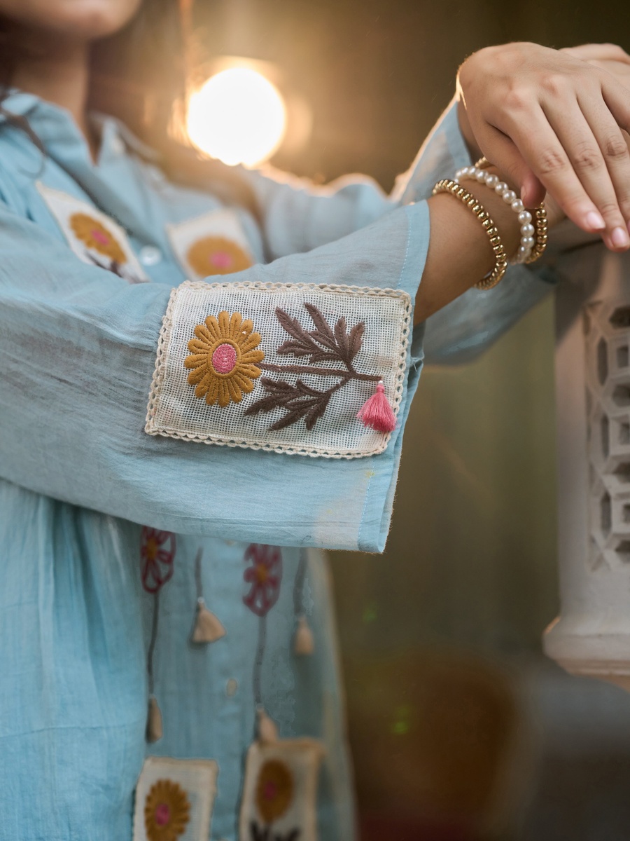 Powder Blue Cotton Crush Floral Embroidered Co-Ord Set