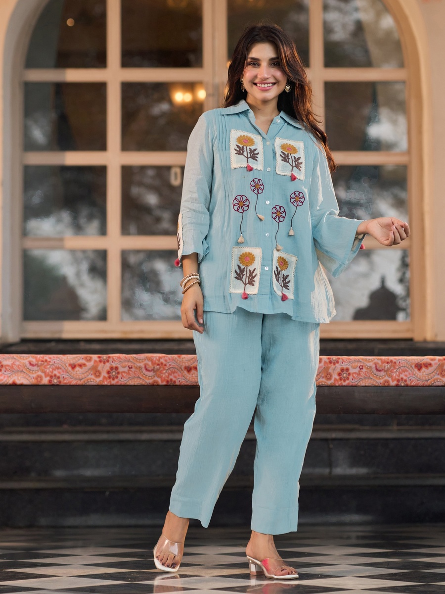 Powder Blue Cotton Crush Floral Embroidered Co-Ord Set
