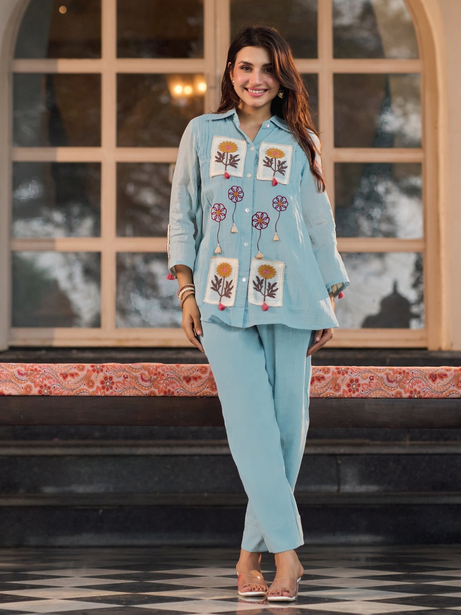 Powder Blue Cotton Crush Floral Embroidered Co-Ord Set