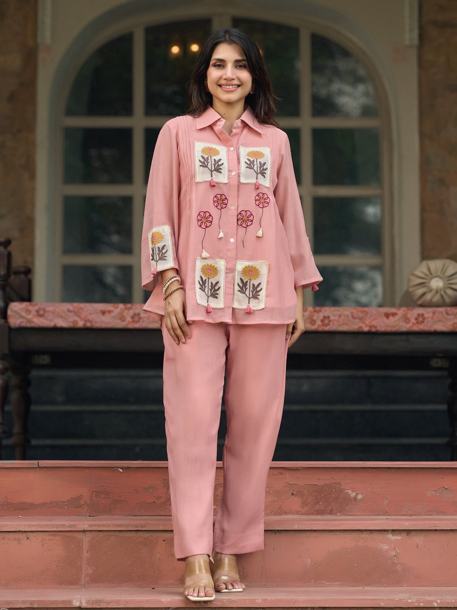 Pink Cotton Crush Floral Embroidered Co-Ord Set