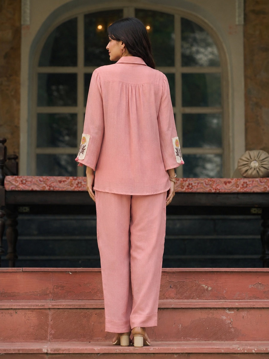 Pink Cotton Crush Floral Embroidered Co-Ord Set