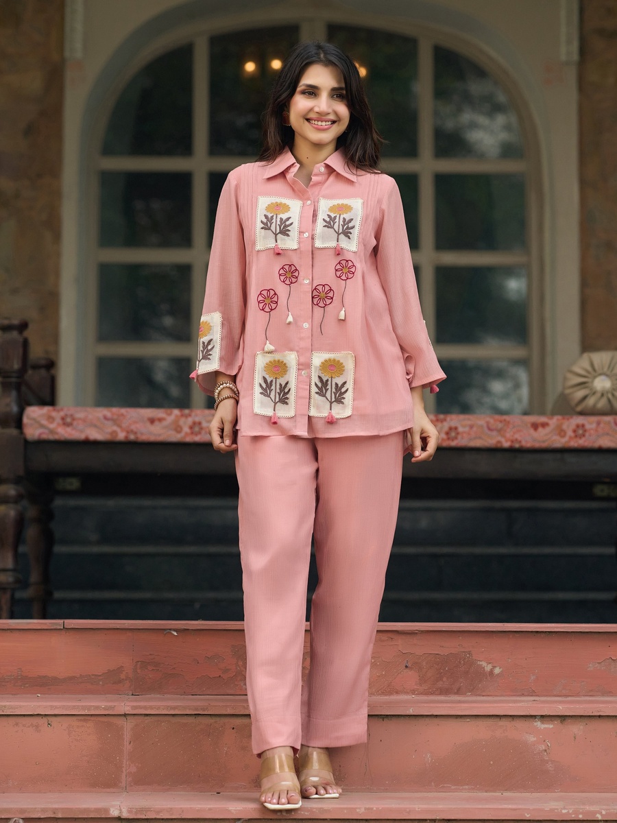 Pink Cotton Crush Floral Embroidered Co-Ord Set