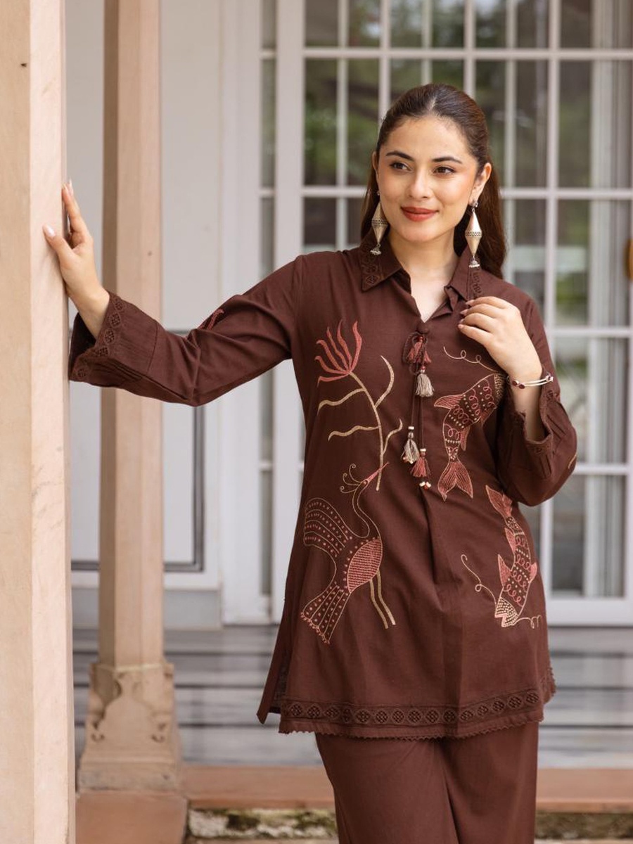 Brown Cotton Flex Embroidered Co-ord Set 