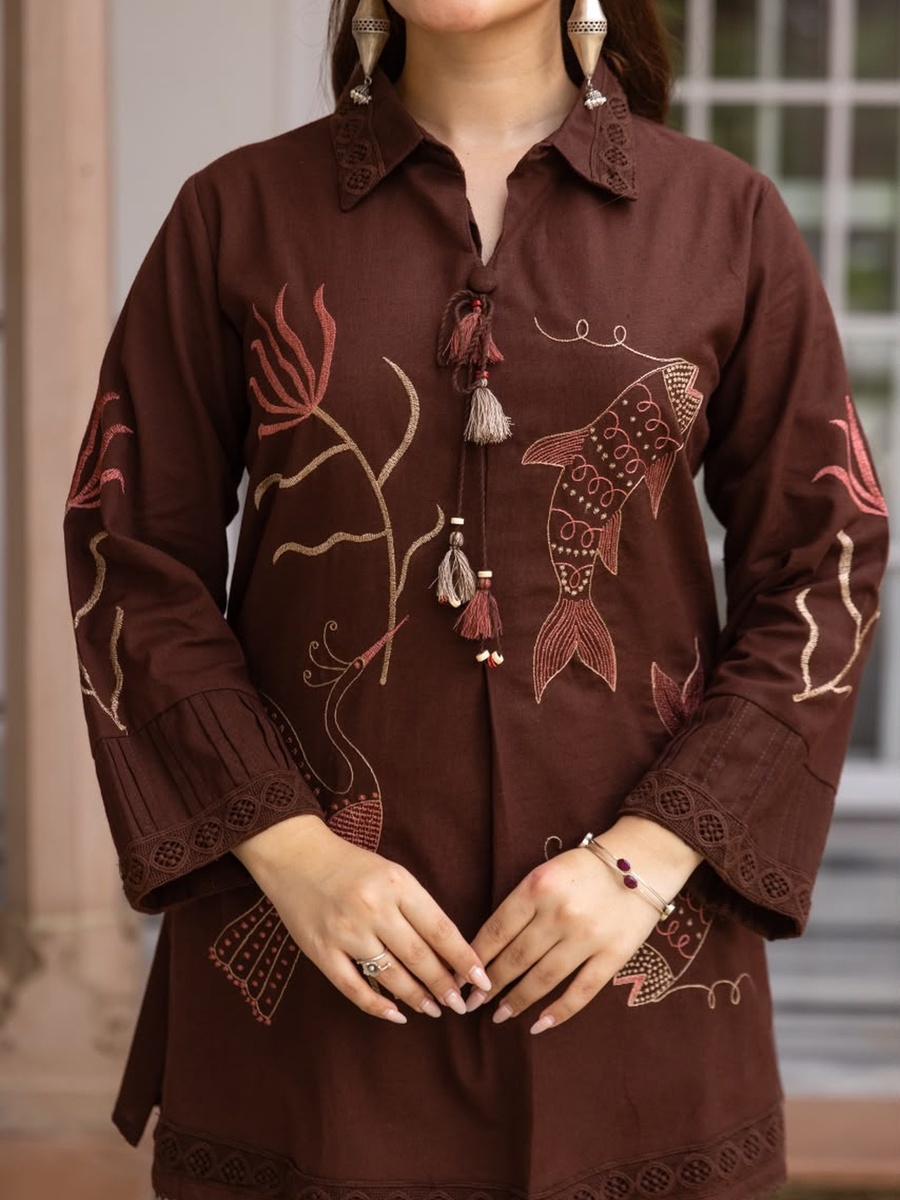 Brown Cotton Flex Embroidered Co-ord Set 