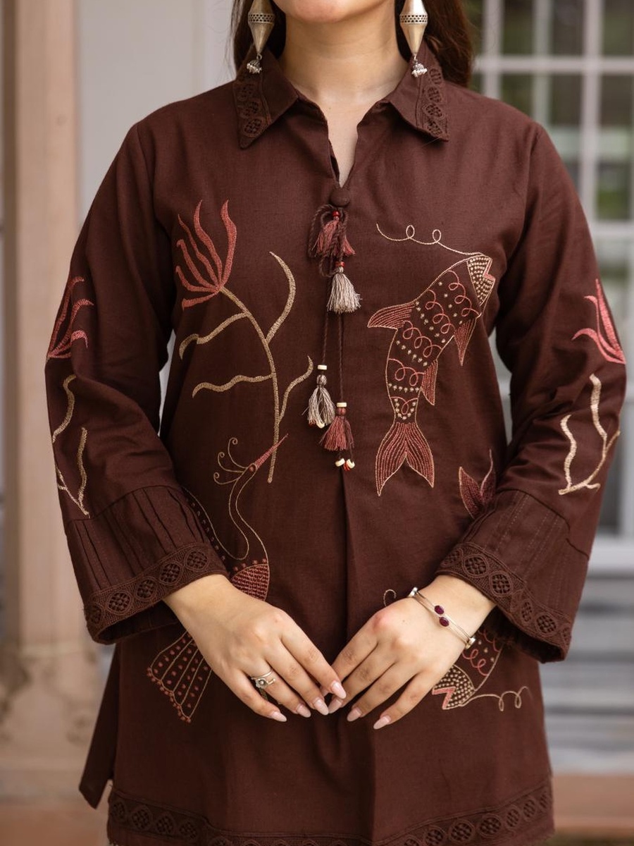 Brown Cotton Flex Embroidered Co-ord Set 