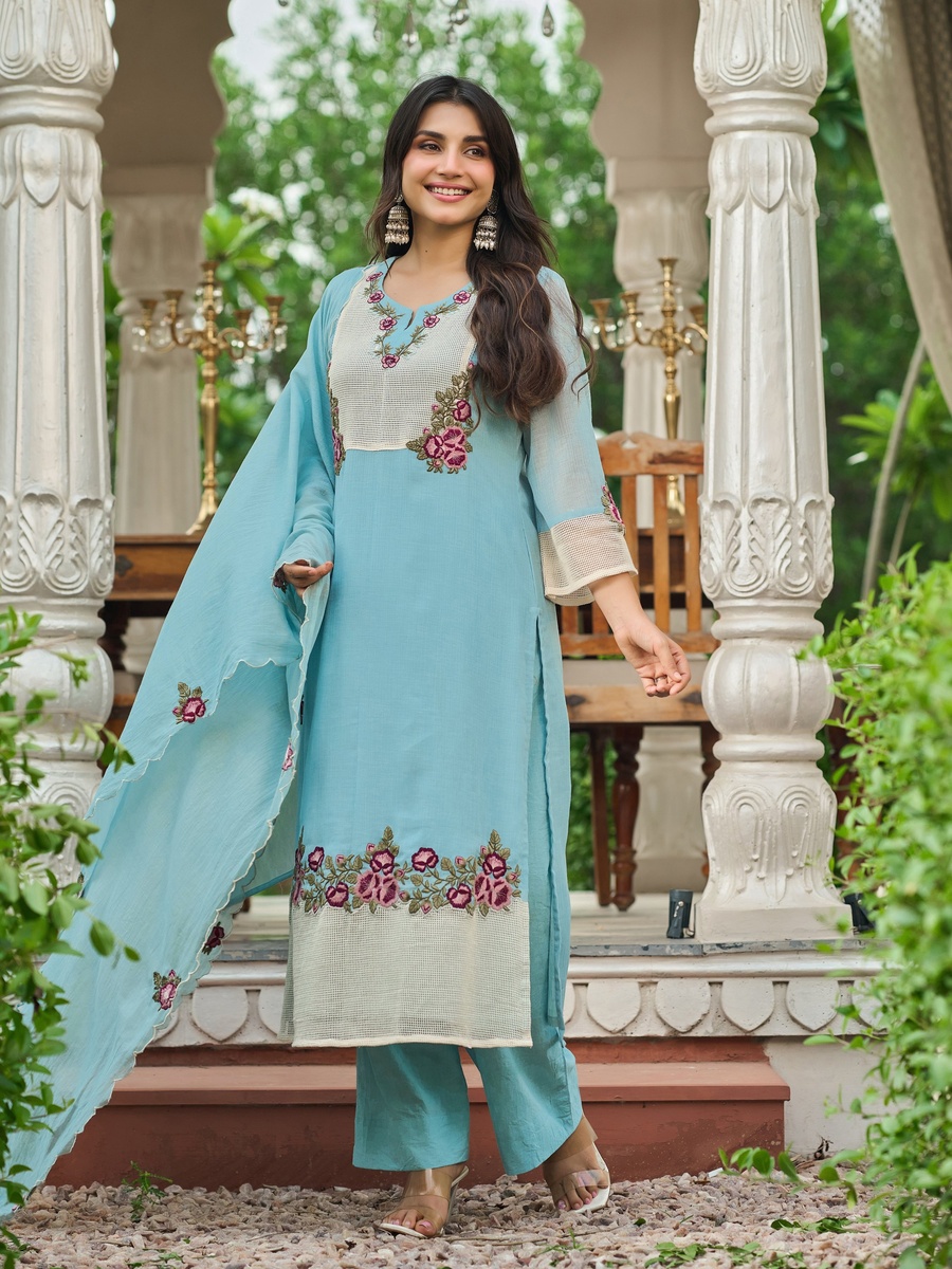 Sky Blue Embroidered Cotton Crush 3-Piece Kurta Set