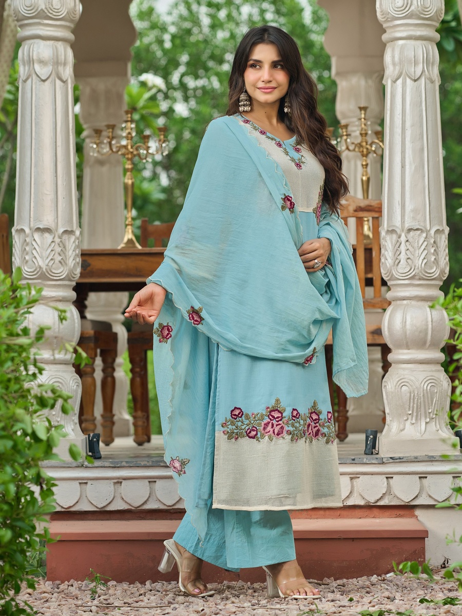 Sky Blue Embroidered Cotton Crush 3-Piece Kurta Set