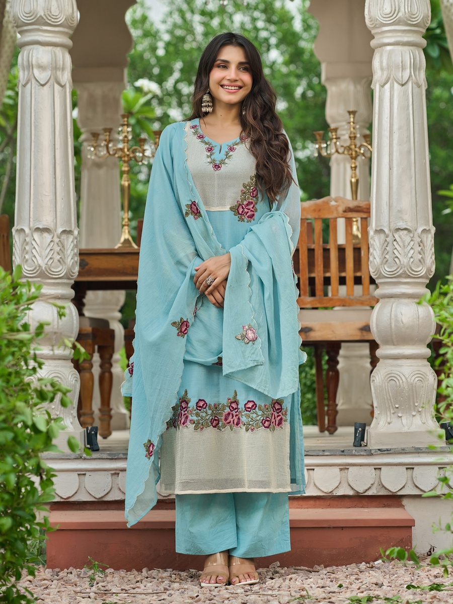 Sky Blue Embroidered Cotton Crush 3-Piece Kurta Set