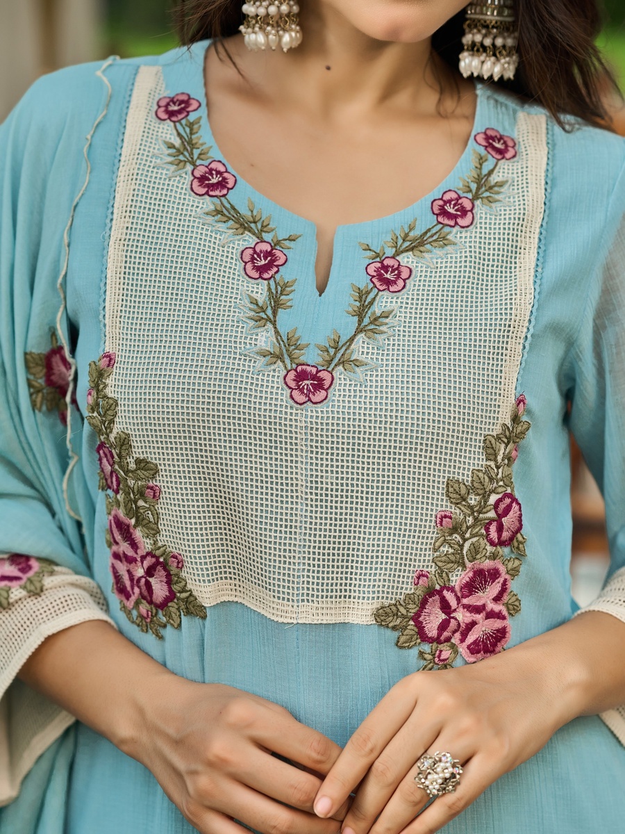 Sky Blue Embroidered Cotton Crush 3-Piece Kurta Set