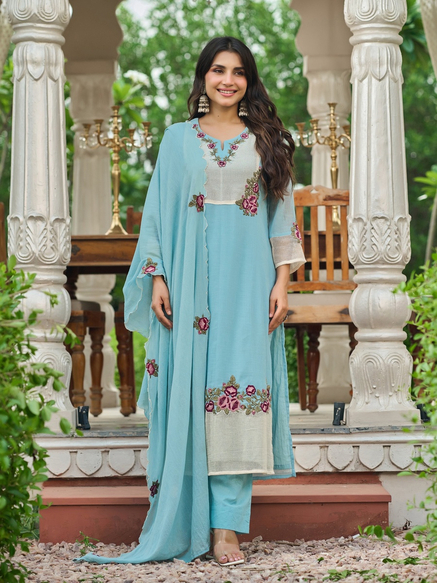 Sky Blue Embroidered Cotton Crush 3-Piece Kurta Set