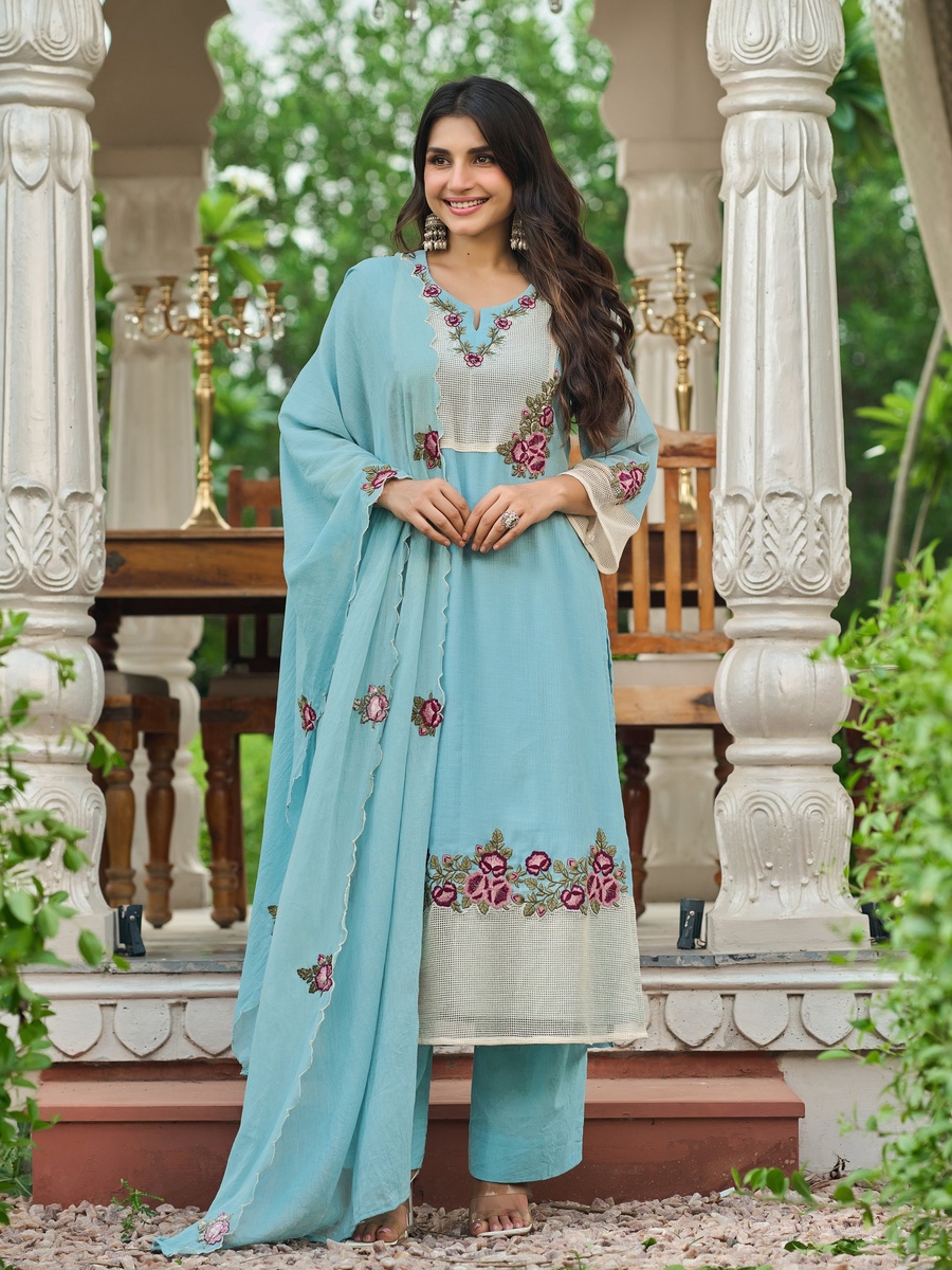 Sky Blue Embroidered Cotton Crush 3-Piece Kurta Set