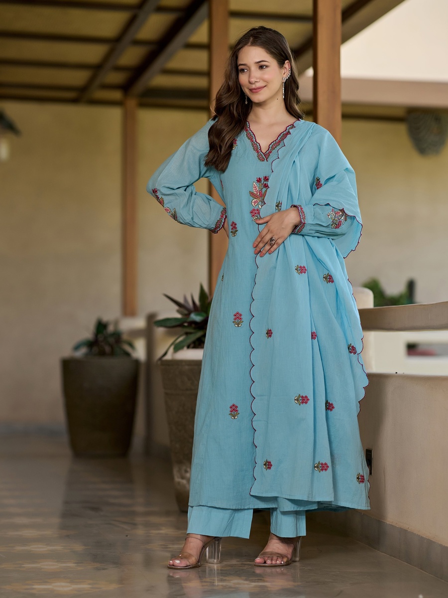 Blue Floral Embroidered Mul Cotton Anarkali 3-Piece Kurta Set 