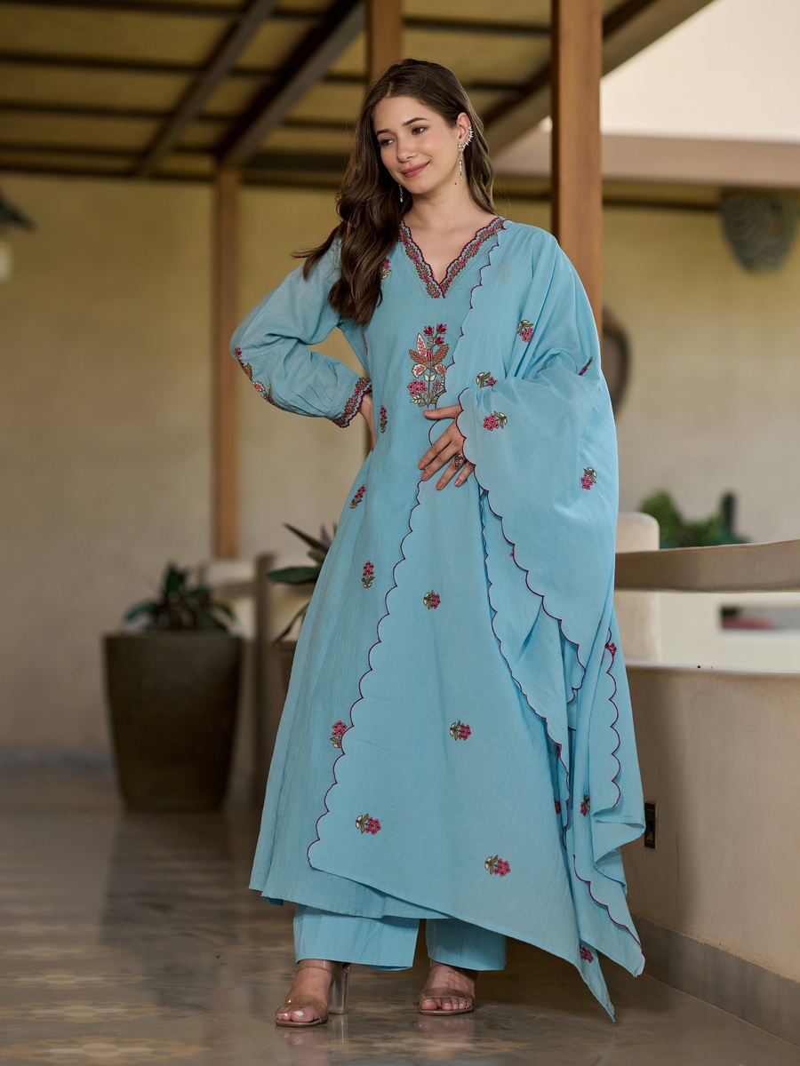 Blue Floral Embroidered Mul Cotton Anarkali 3-Piece Kurta Set 