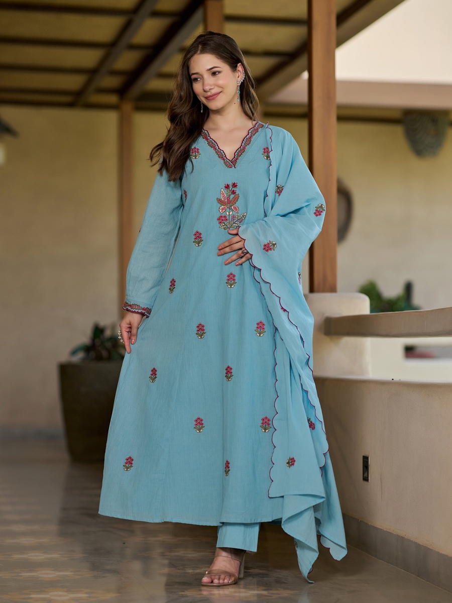 Blue Floral Embroidered Mul Cotton Anarkali 3-Piece Kurta Set 