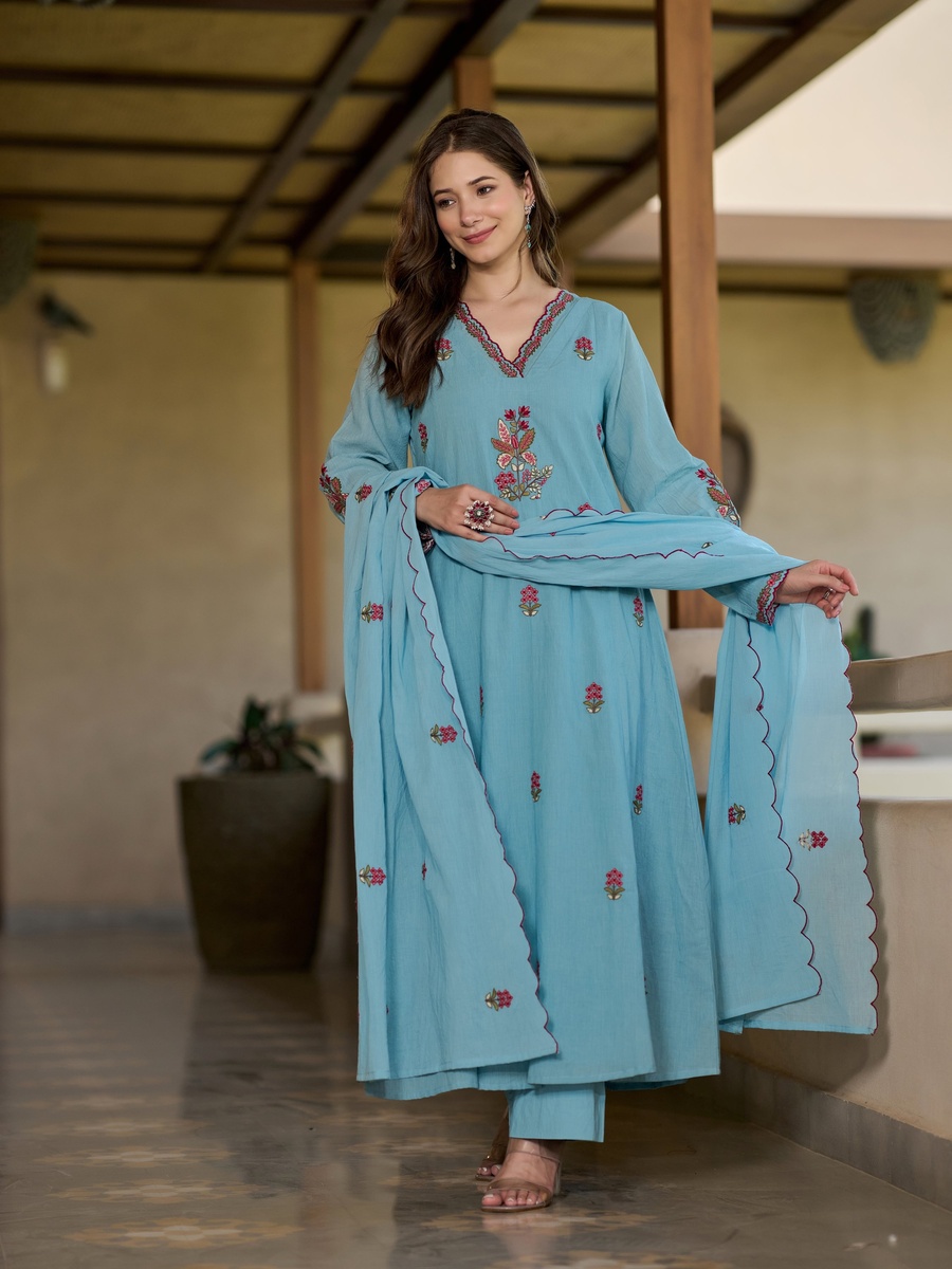 Blue Floral Embroidered Mul Cotton Anarkali 3-Piece Kurta Set 