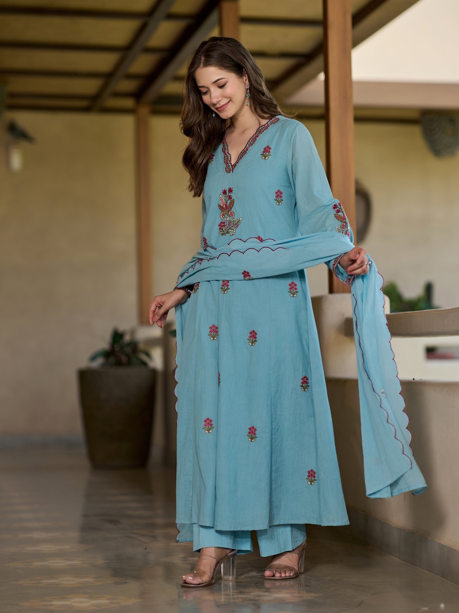 Blue Floral Embroidered Mul Cotton Anarkali 3-Piece Kurta Set 