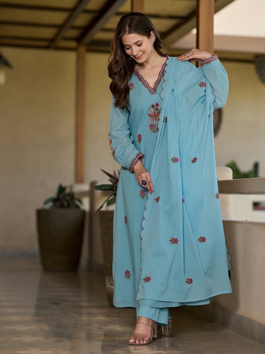 Blue Floral Embroidered Mul Cotton Anarkali 3-Piece Kurta Set 