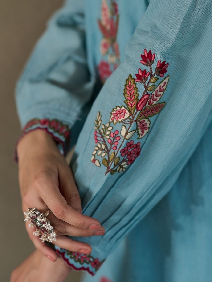 Blue Floral Embroidered Mul Cotton Anarkali 3-Piece Kurta Set 