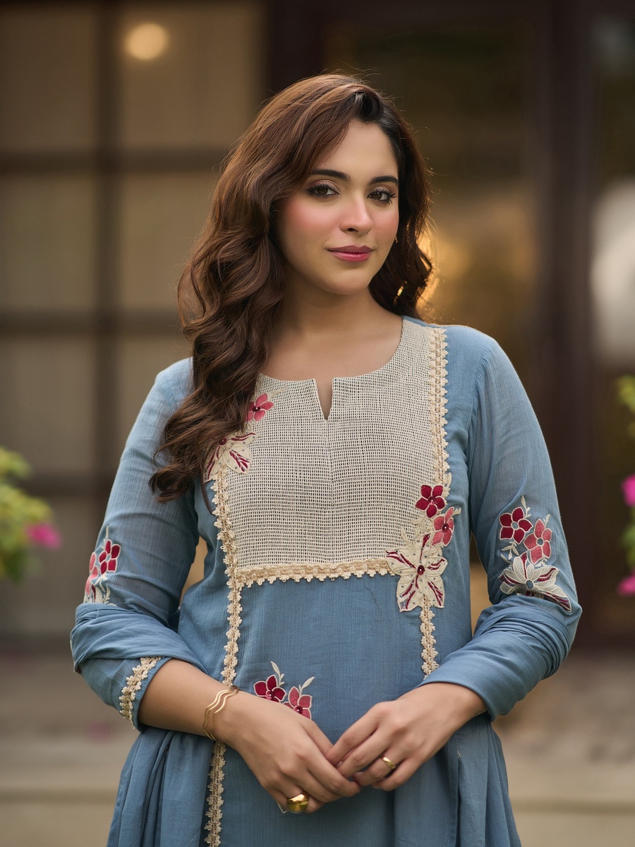 Dusty Blue Embroidered Cotton Crush 3-Piece Kurta Set