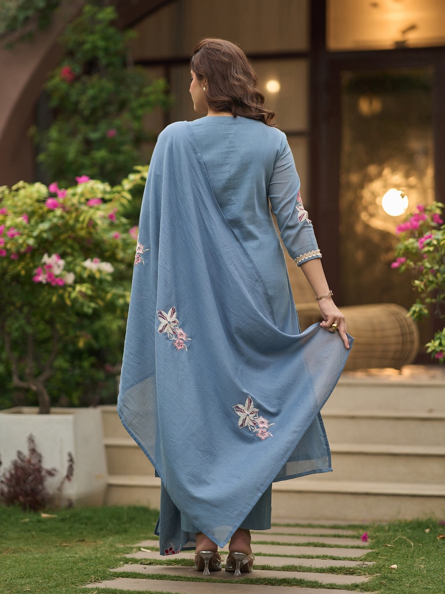 Dusty Blue Embroidered Cotton Crush 3-Piece Kurta Set