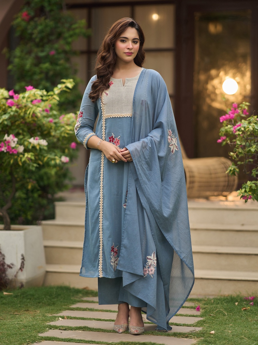 Dusty Blue Embroidered Cotton Crush 3-Piece Kurta Set