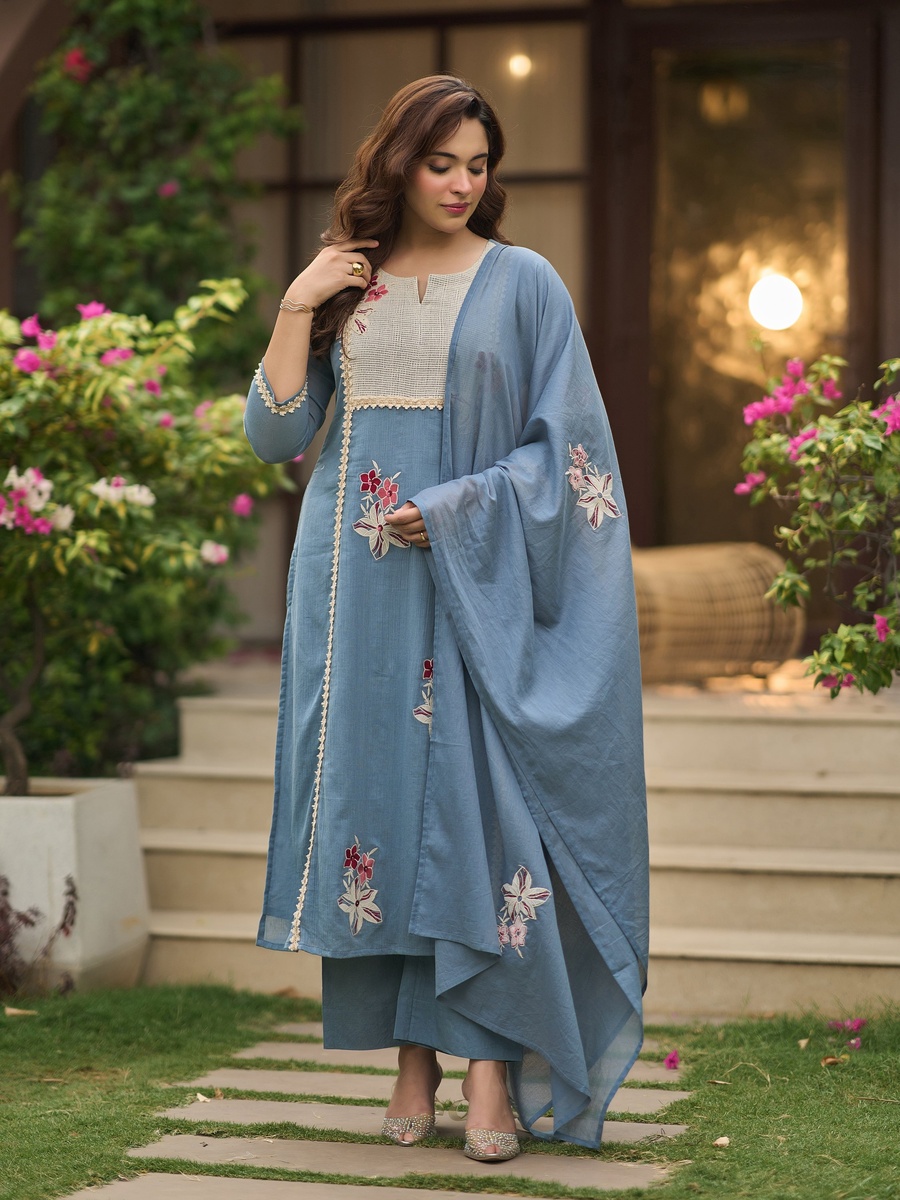 Dusty Blue Embroidered Cotton Crush 3-Piece Kurta Set