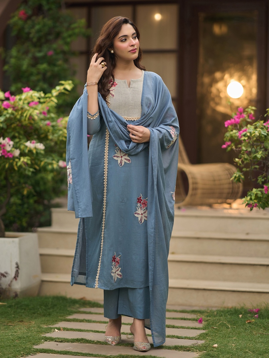 Dusty Blue Embroidered Cotton Crush 3-Piece Kurta Set