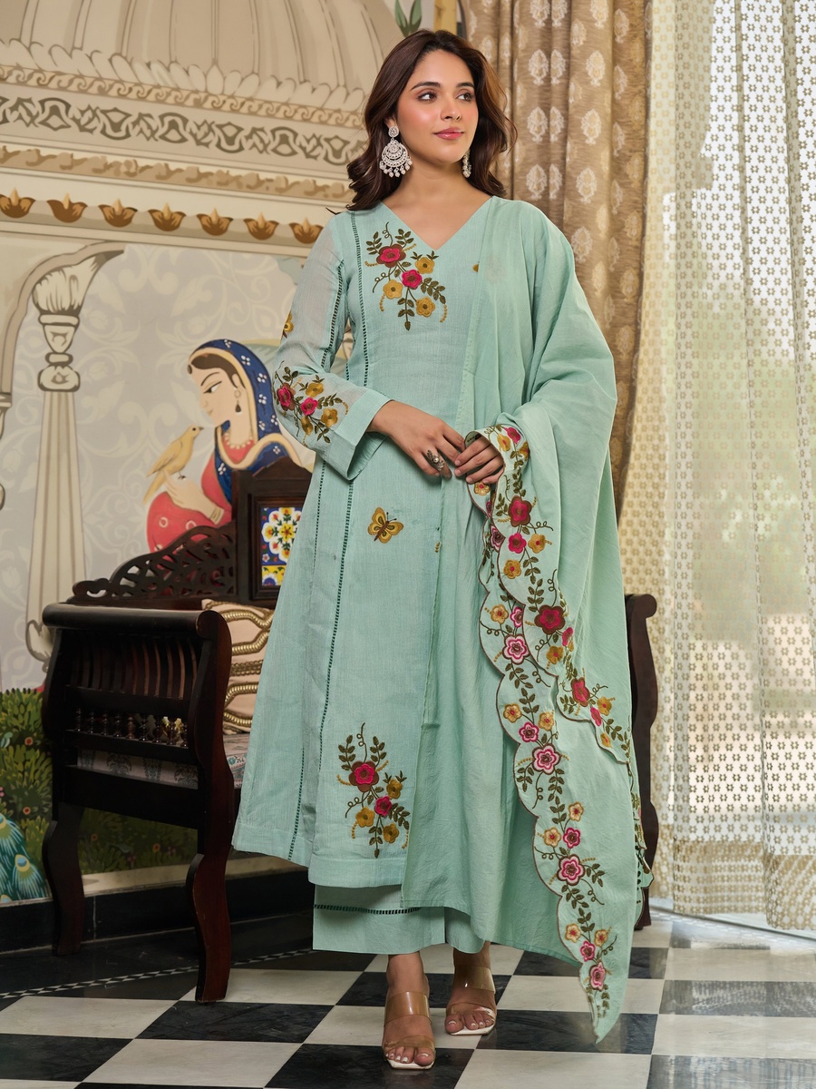 Green Crush Cotton Floral Embroidered Anarkali Kurta Pant Dupatta Set 