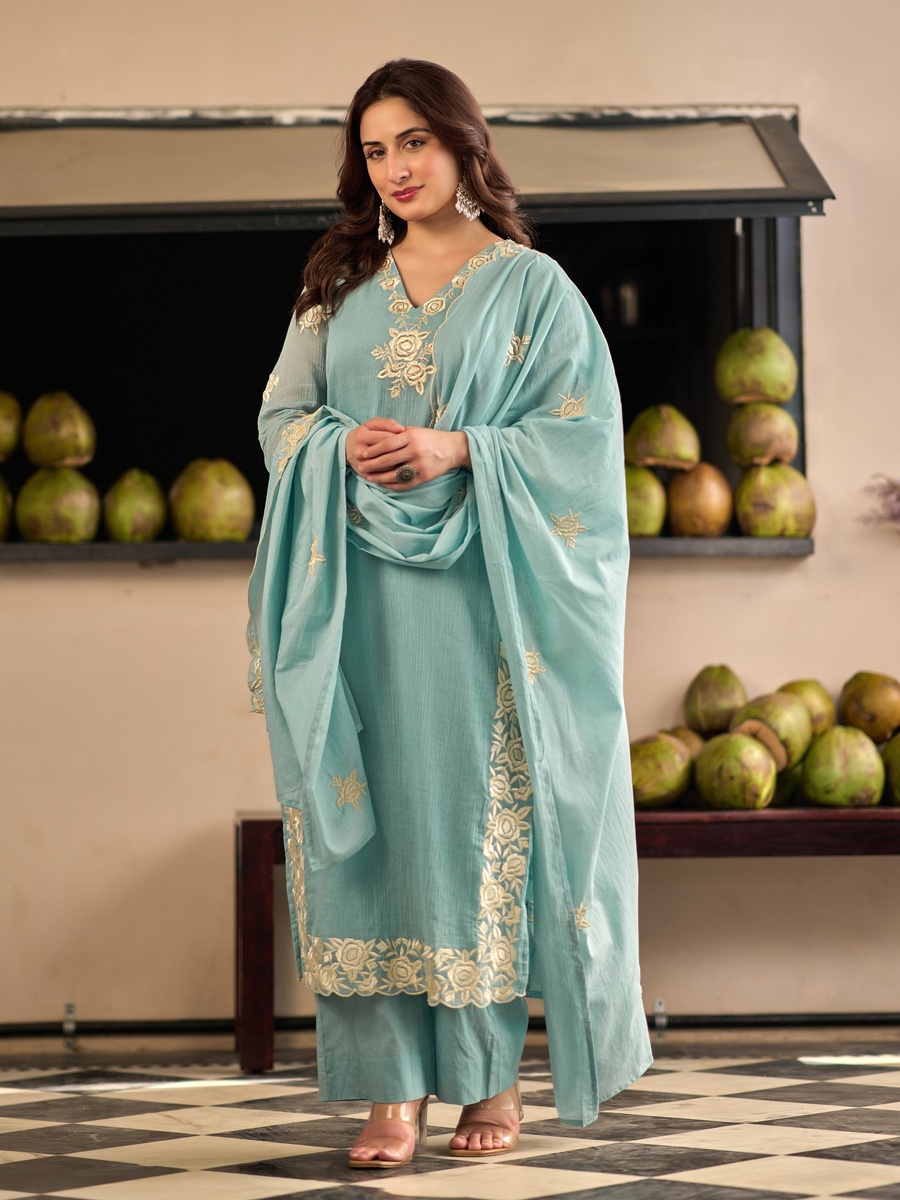 Aqua Blue Cotton Crush Embroidered Straight Suit Set