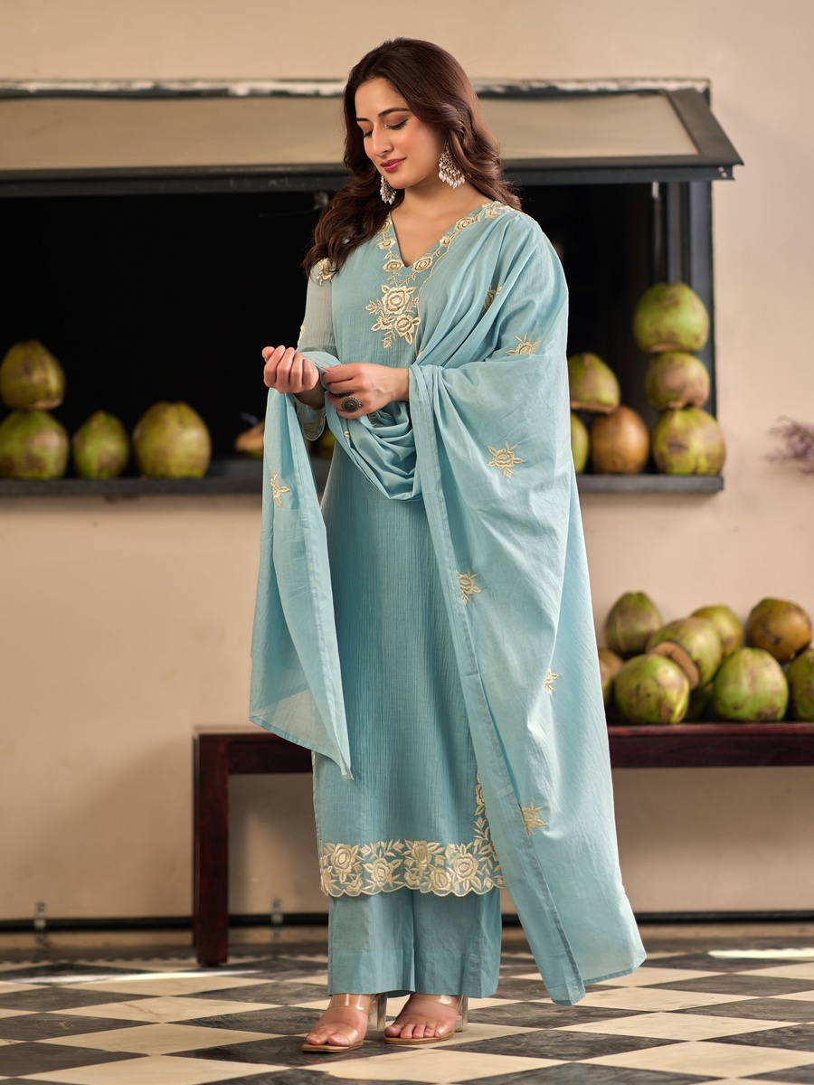 Aqua Blue Cotton Crush Embroidered Straight Suit Set