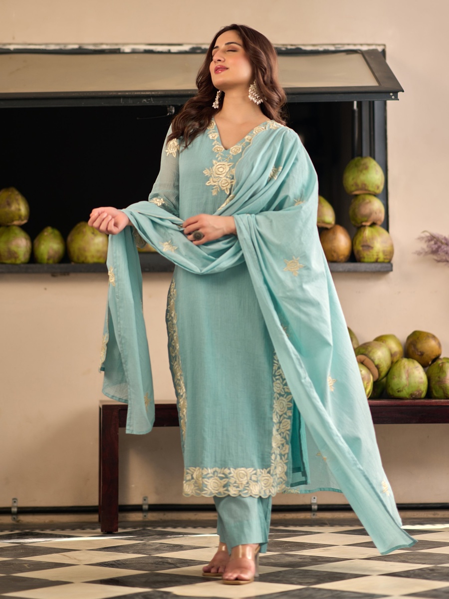 Aqua Blue Cotton Crush Embroidered Straight Suit Set
