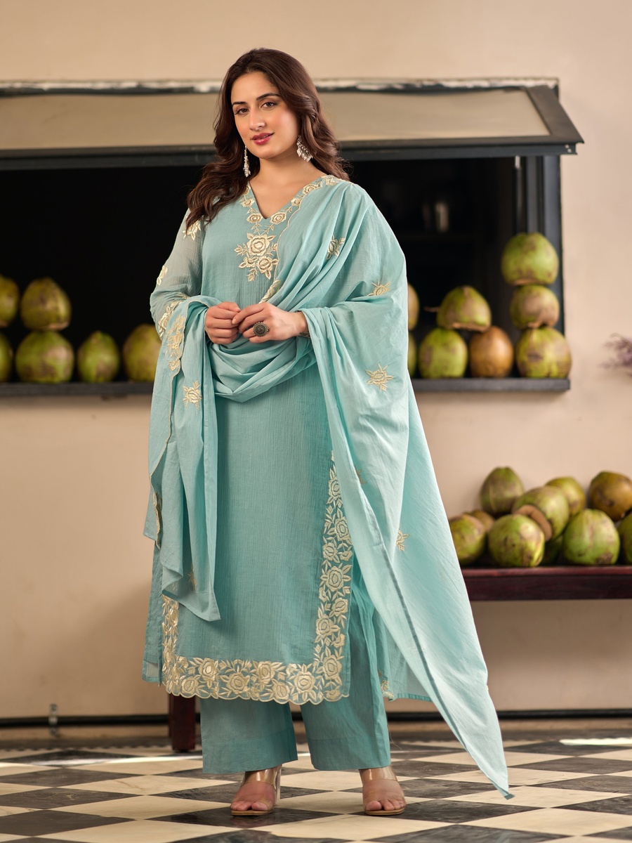 Aqua Blue Cotton Crush Embroidered Straight Suit Set