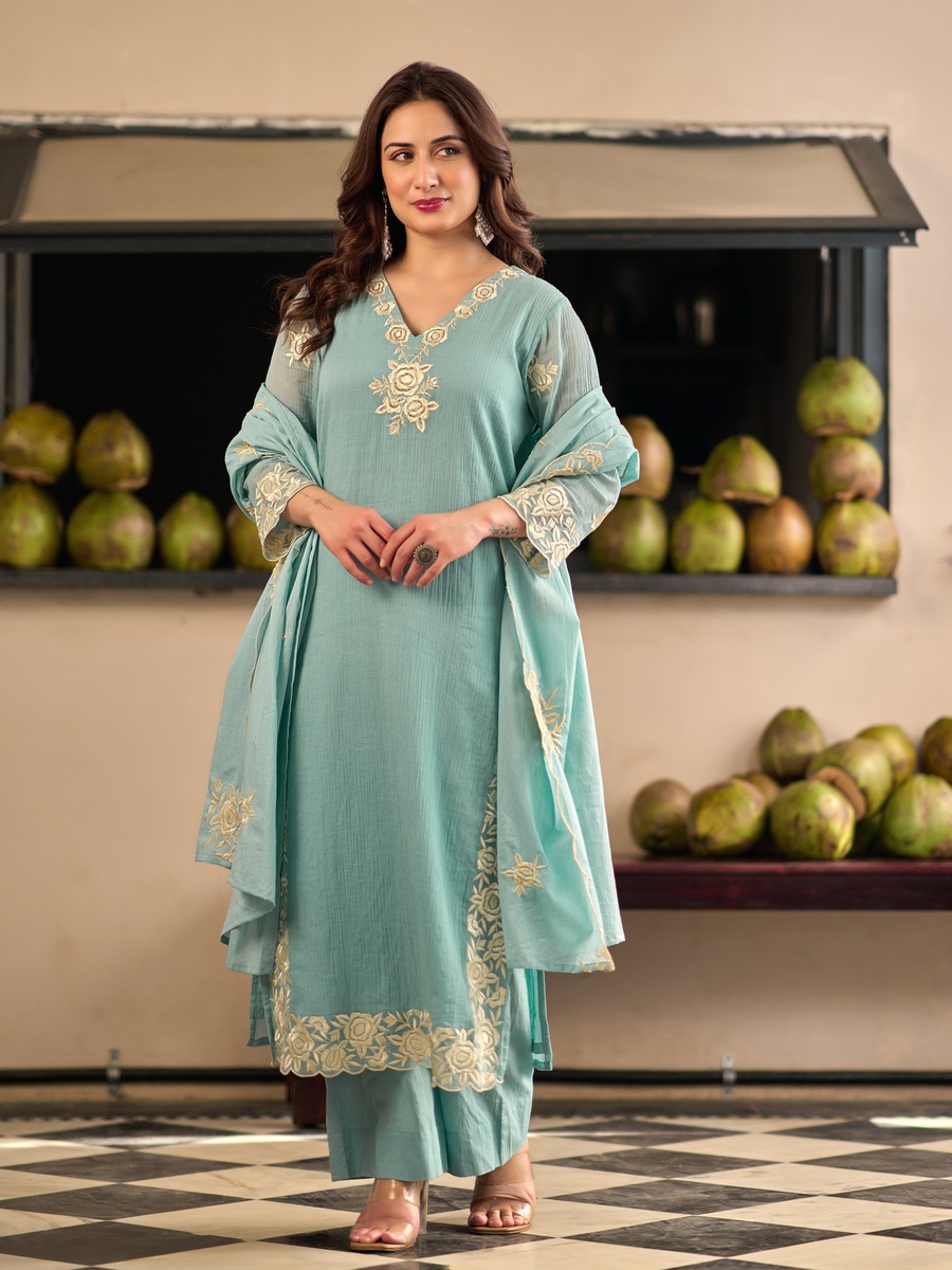 Aqua Blue Cotton Crush Embroidered Straight Suit Set