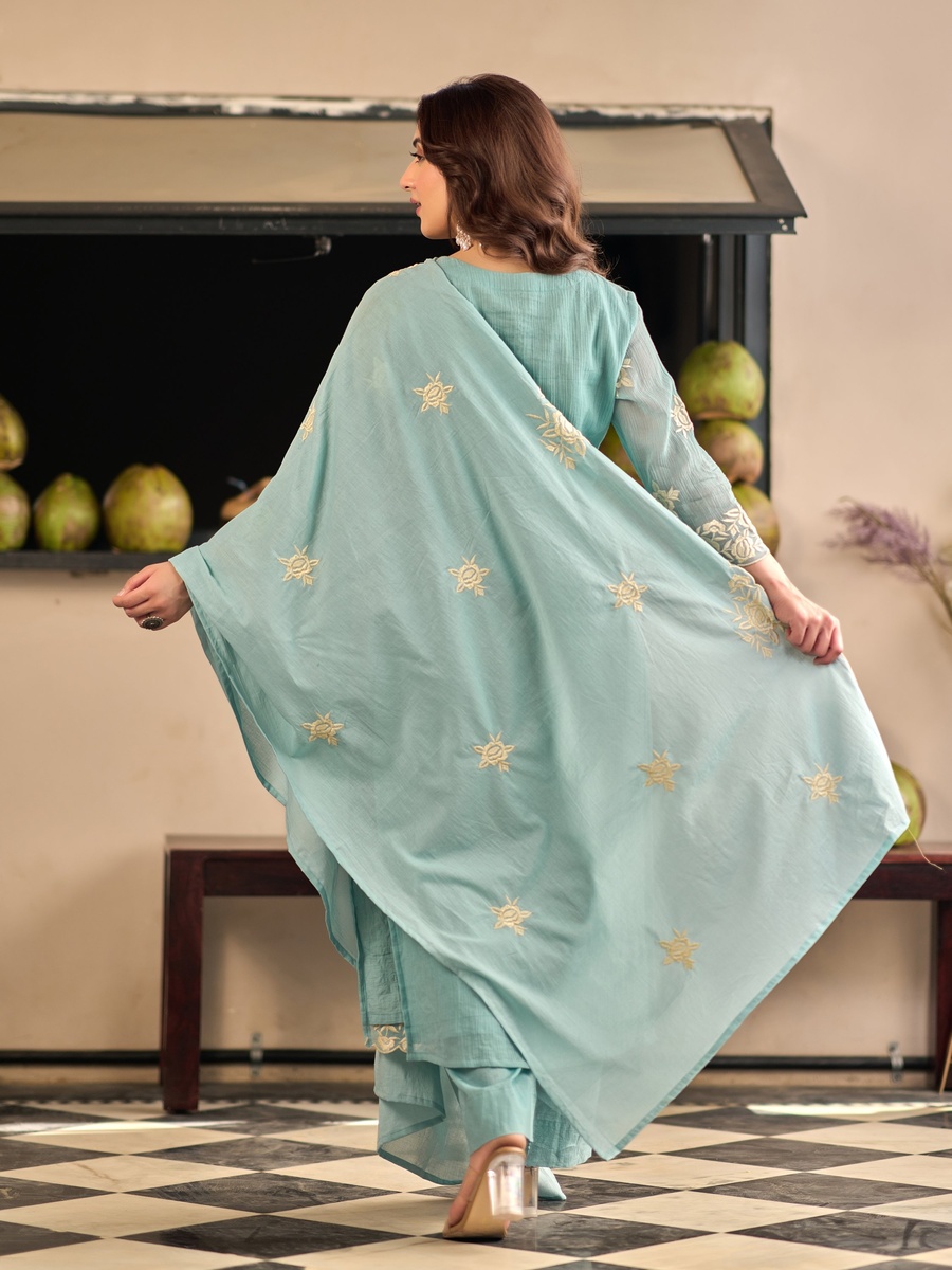 Aqua Blue Cotton Crush Embroidered Straight Suit Set