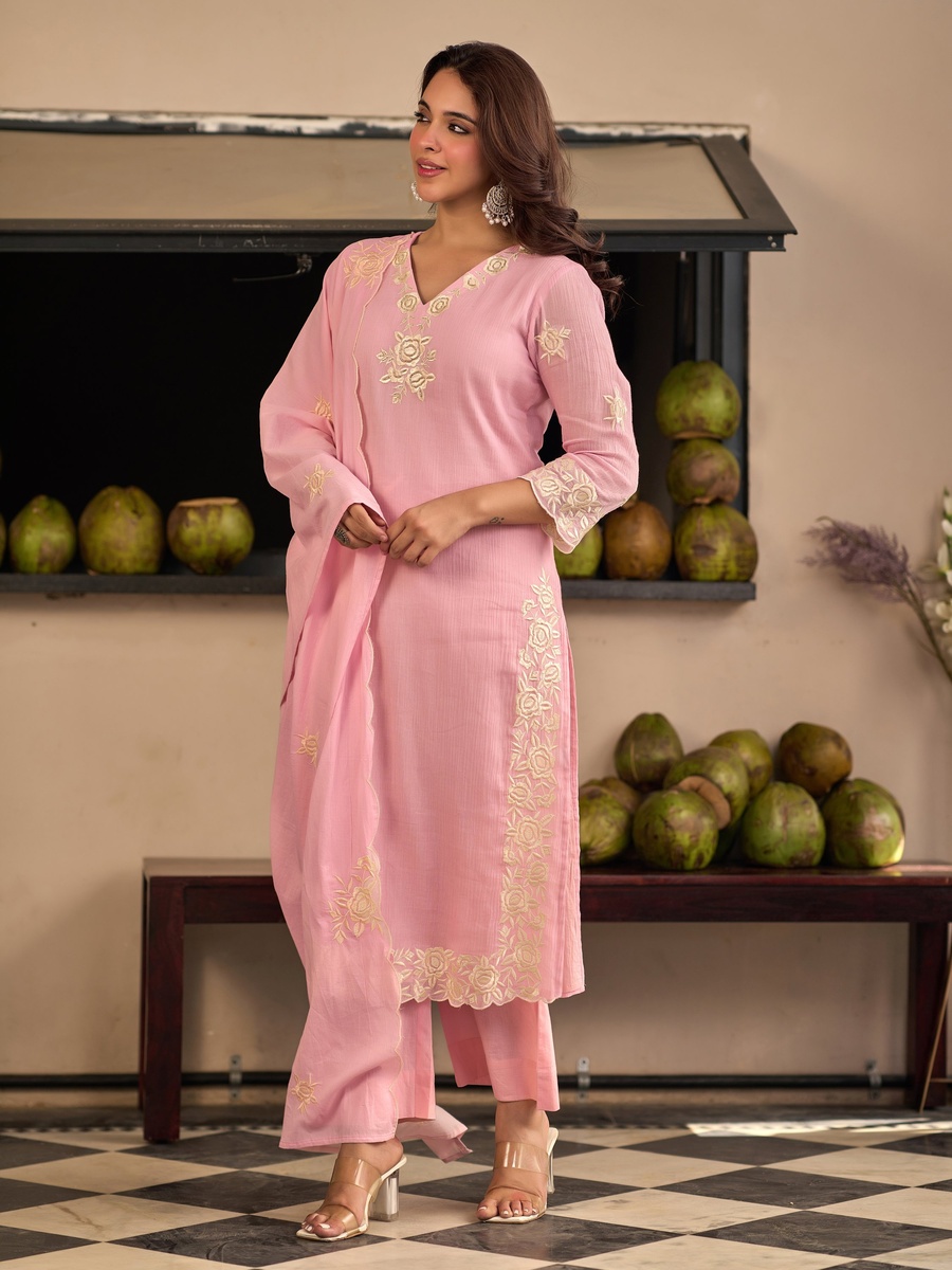 Pink Cotton Crush Embroidered Straight Suit Set