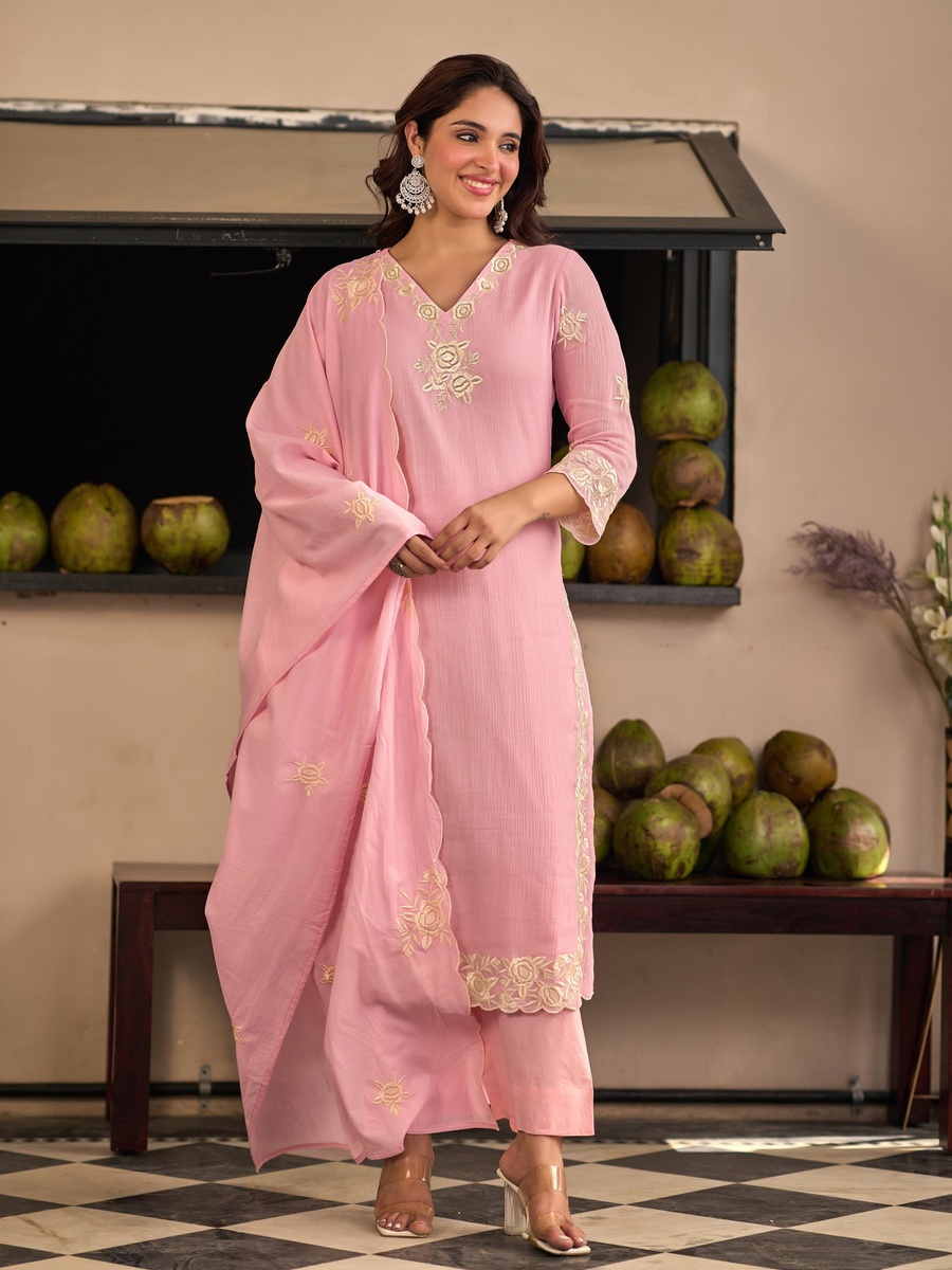 Pink Cotton Crush Embroidered Straight Suit Set