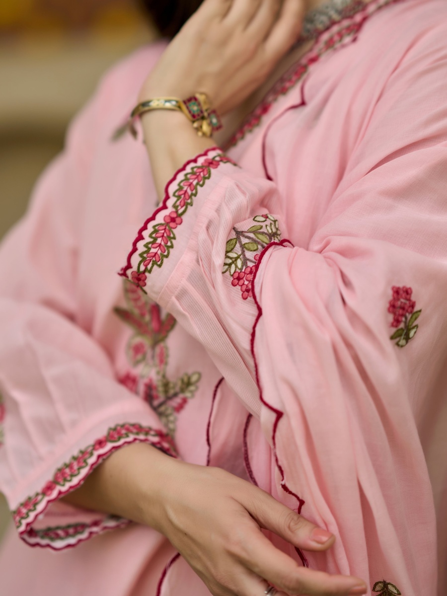 Pink Floral Embroidered Mul Cotton Anarkali 3-Piece Kurta Set 