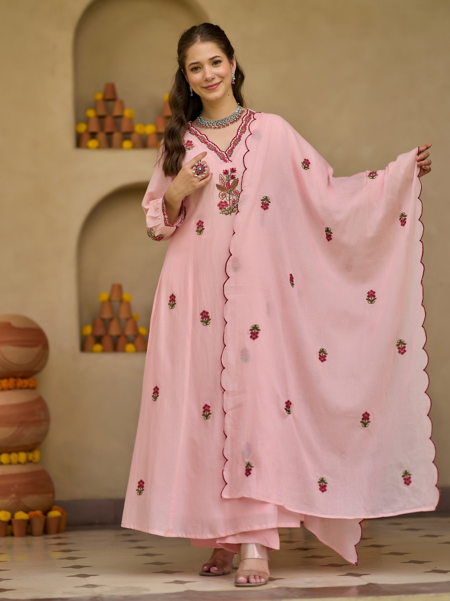 Pink Floral Embroidered Mul Cotton Anarkali 3-Piece Kurta Set 