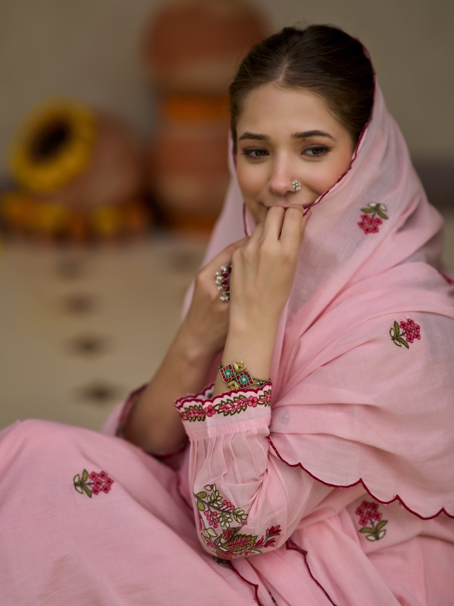 Pink Floral Embroidered Mul Cotton Anarkali 3-Piece Kurta Set 