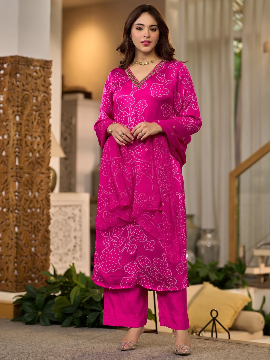 Fuchsia Pink Gaji Satin 3-Piece Set