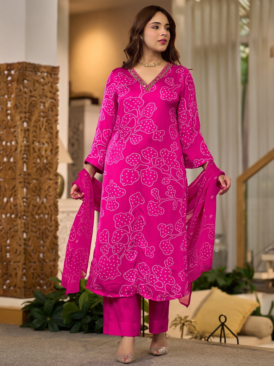 Fuchsia Pink Gaji Satin 3-Piece Set