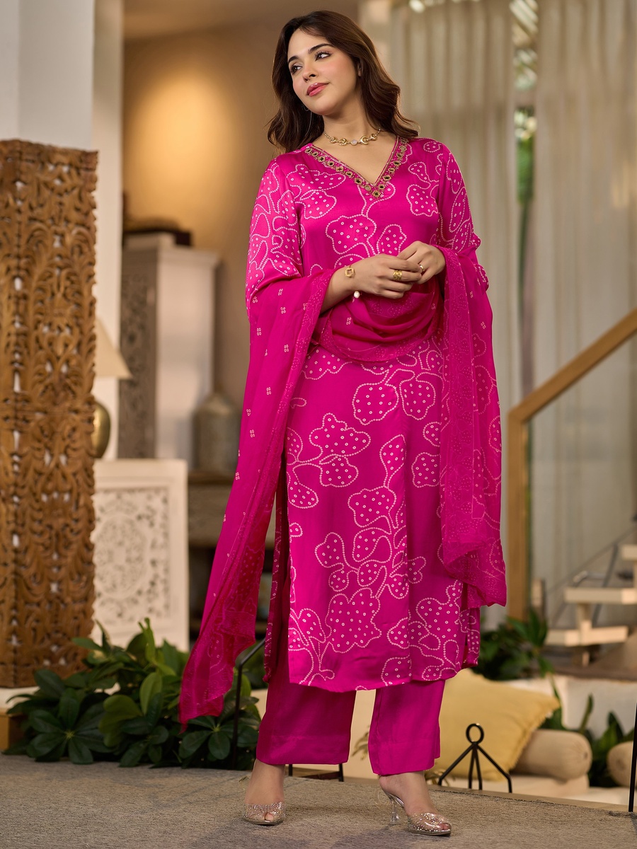 Fuchsia Pink Gaji Satin 3-Piece Set