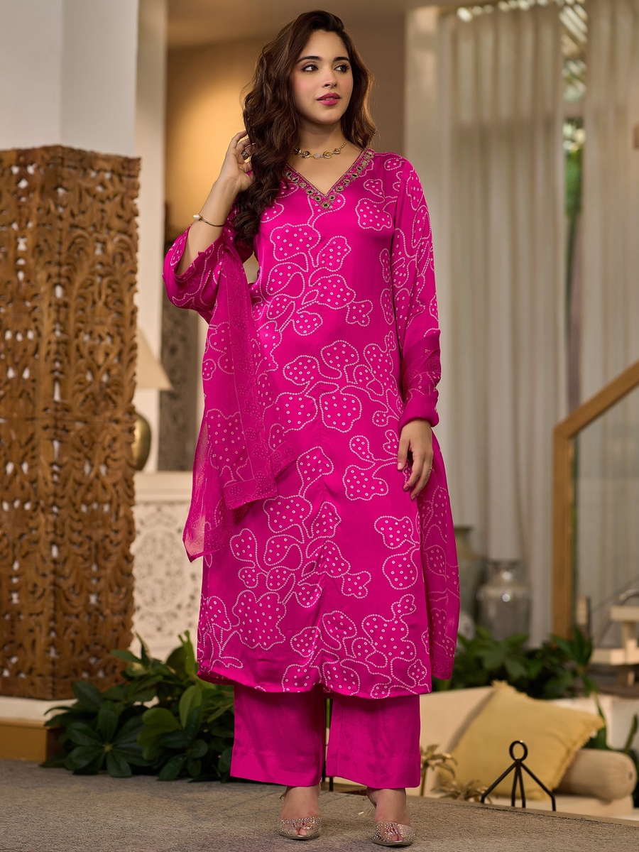 Fuchsia Pink Gaji Satin 3-Piece Set