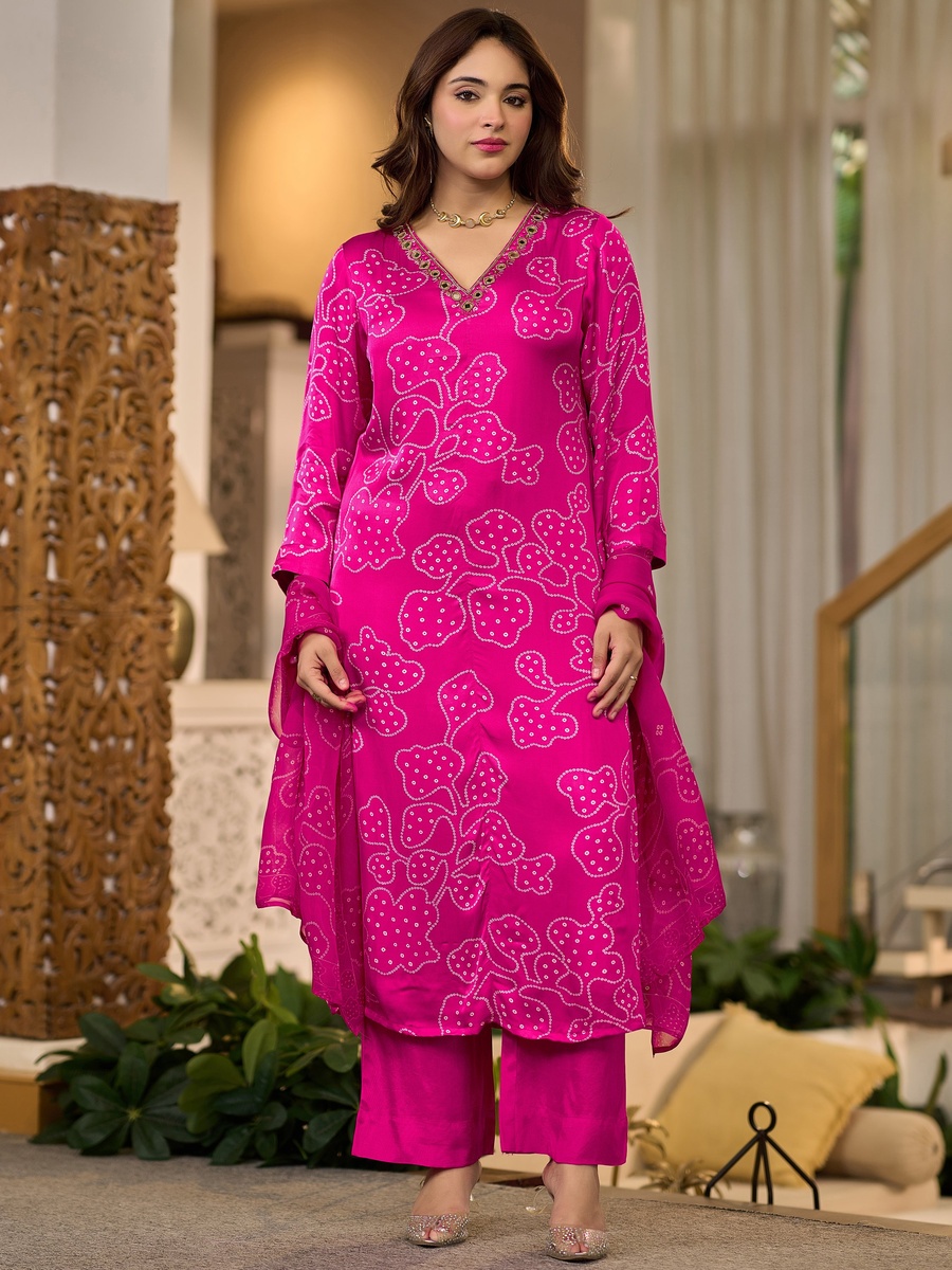 Fuchsia Pink Gaji Satin 3-Piece Set